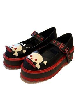 Demonia Black Red Platform Mary Janes Flats Skulls Rockabilly Shoes Size 10 NIB